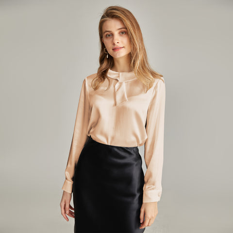 Solid Neck Scarf Silk Blouse