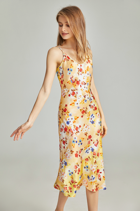 19 Momme Silk Nightgown Midi Women's Slip Dress Flora