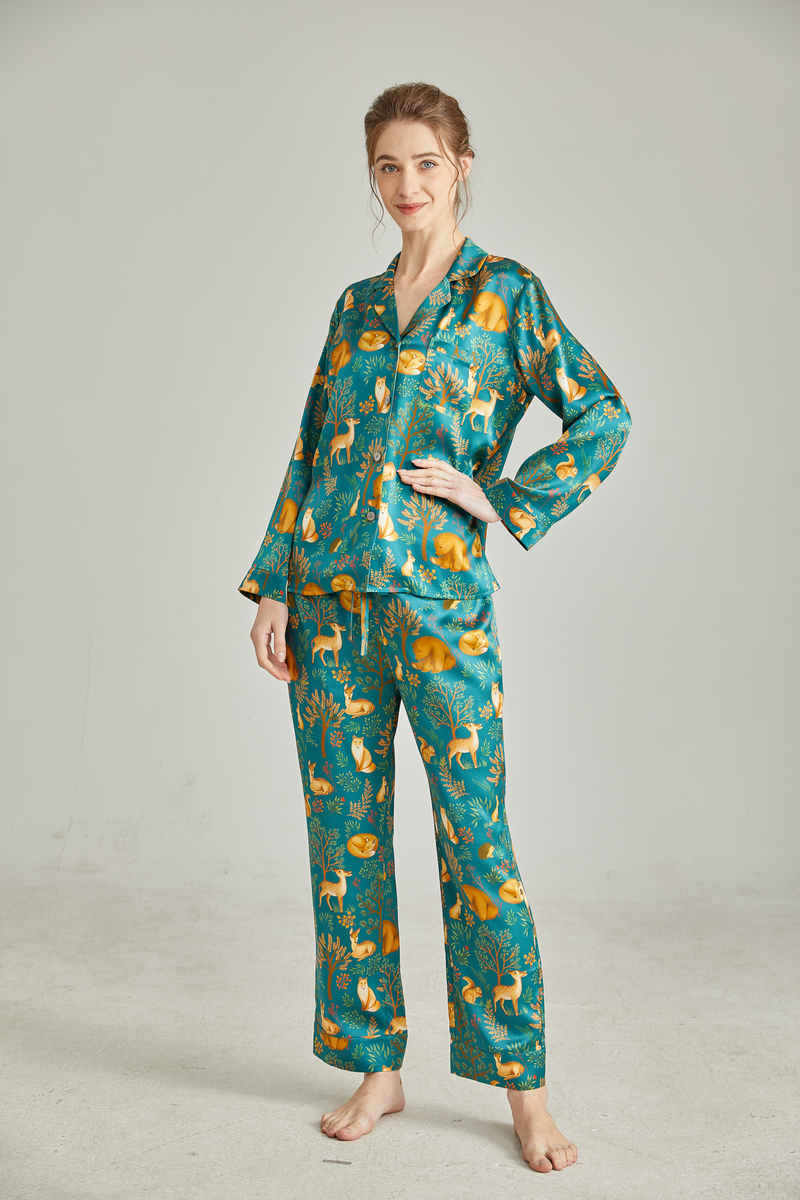 Floral Printed Silk Pajamas Set Long Sleeves Asilklife