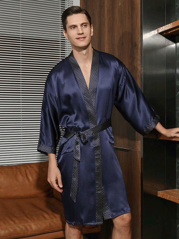 Men's silk robe, Luxury short silk kimono bathrobe navy blue– Asilklife