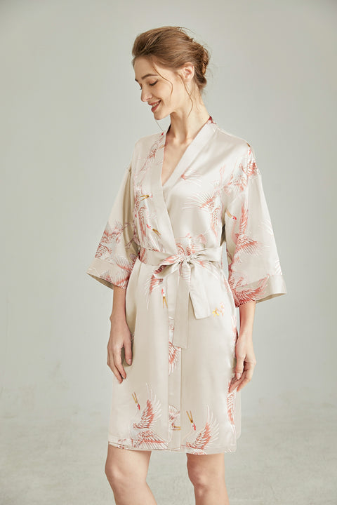 Short Silk Robe For Women with Belted Crane printed Graphics