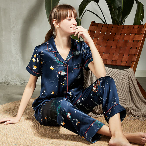 19 Momme Printed Silk Pajamas Set short sleeve