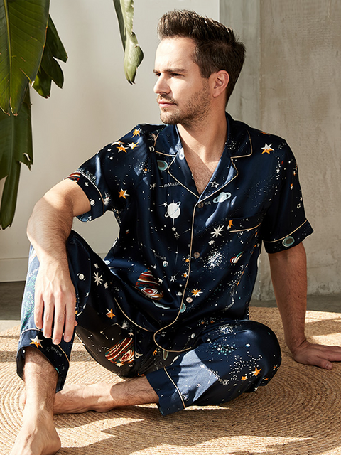 Universe Printed Silk Pajamas Set for Men Short Sleeves