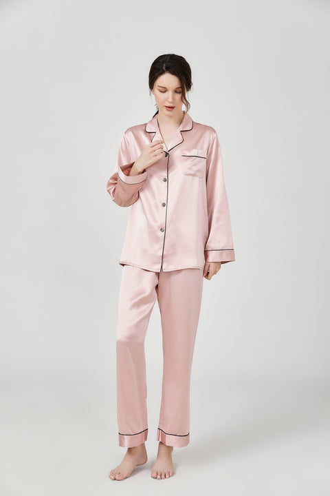 Women's Classic Piping Long Sleeve Silk Pajama Set (Pants with Drawstring)