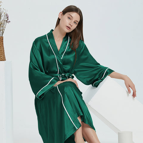 Midi Silk Bathrobe For Women kimono style Wide-Sleeve