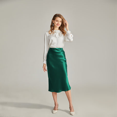 100% Pure Silk Plaid Midi Pencil Skirt