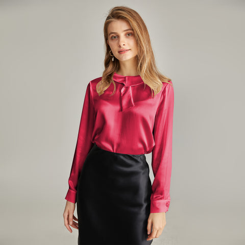 Solid Neck Scarf Silk Blouse