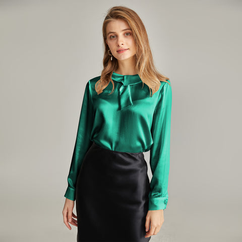 Solid Neck Scarf Silk Blouse