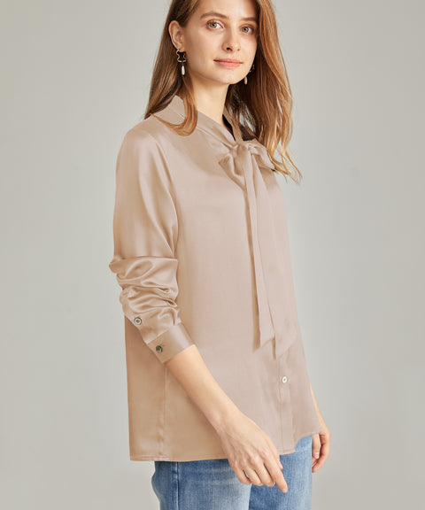 Women's Silk Blouse Bow tie Shirt button up