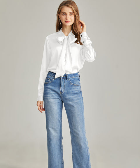 Women's Silk Blouse Bow tie Shirt button up