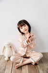 Kid's Silk Pajamas Set Girls' Cute Long Sleeves Nighties with Black Trimming