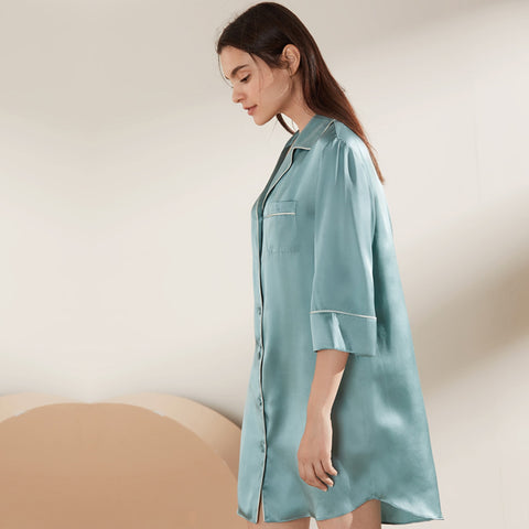 Women's Half Sleeve Silk Sleep Long Shirt with Notched Collar