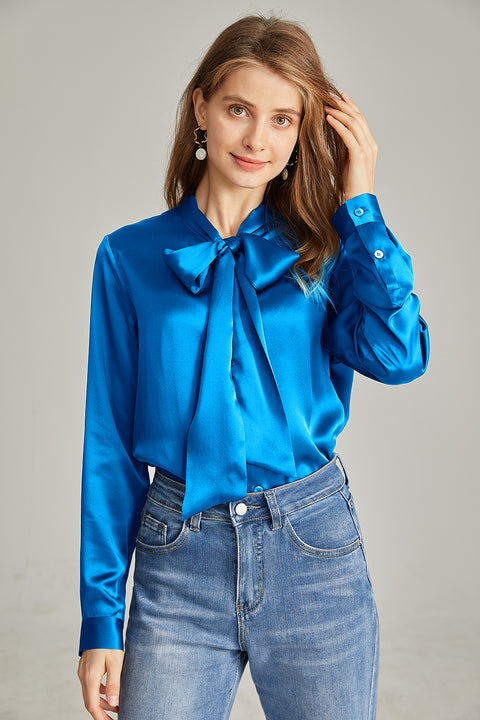 Women's Silk Blouse Bow tie Shirt button up