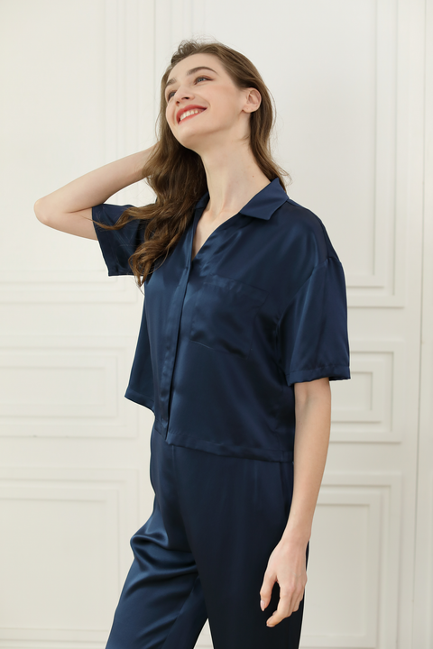 Short Sleeve Silk Pajamas Set cropped length top & high rise waisted pant
