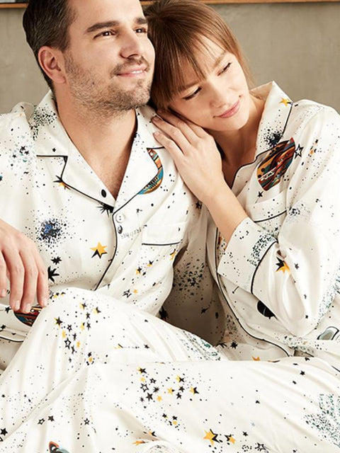 Asilklife Dream Galaxy Printed Long Sleeves Classic Silk Pajamas Set For Couple