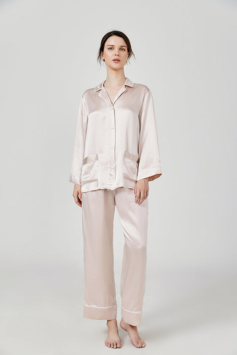 Chic Trimmed Women Silk Pajamas Set With  Pockets