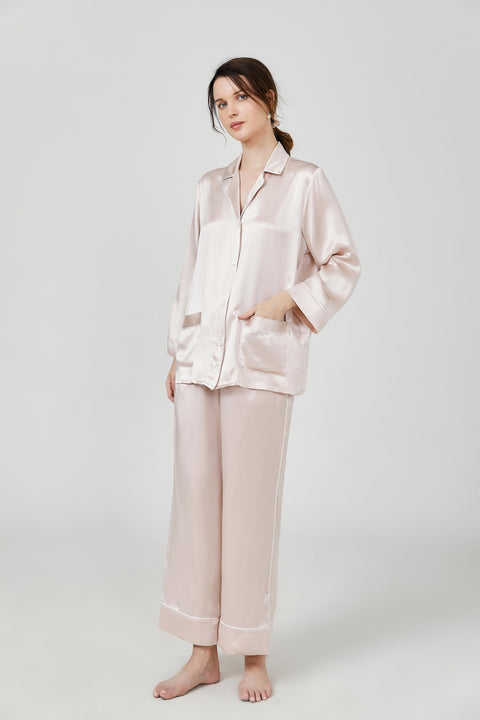 Chic Trimmed Women Silk Pajamas Set With  Pockets