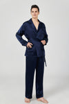 Navy blue men's silk pajamas robe set luxury silky shirt top matching with long pants