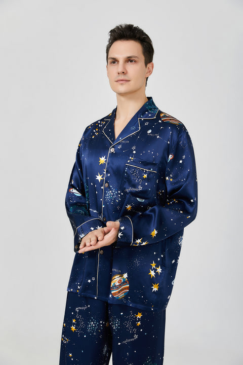 Universe Printed Long Sleeves Classic Silk Pajamas Set For Couple