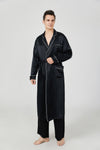 2PCSblack midi men's Robe set luxury long bathrobe matching silk long pant