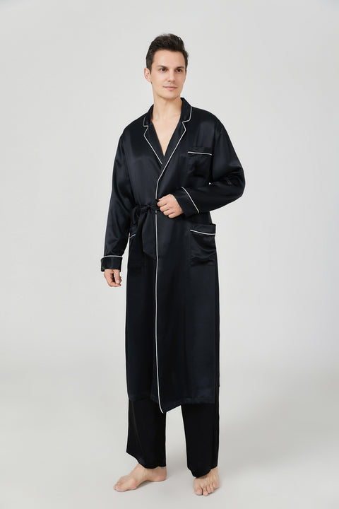 2PCS  black midi men's Robe set luxury long bathrobe matching silk long pant