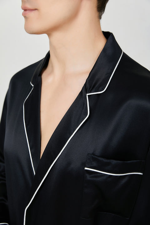 2PCS  black midi men's Robe set luxury long bathrobe matching silk long pant