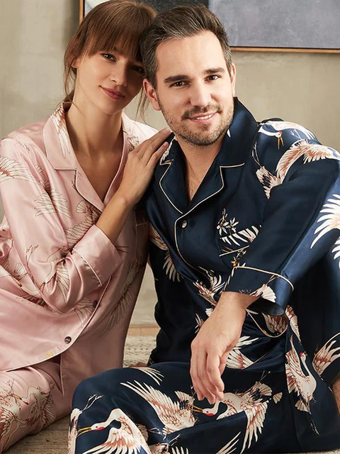 Luxury 100% Pure Silk Matching Couple Pajamas Animal Fairy Crane Printed