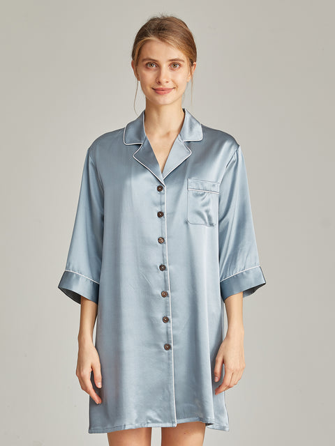Boyfriend Style Silk Sleep Shirt Notched Collar