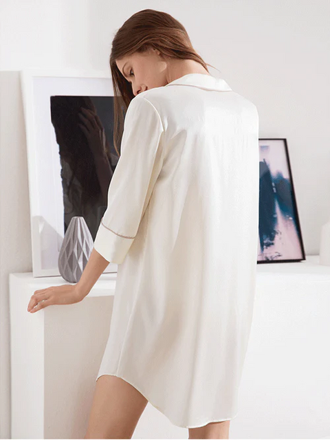 Women's Half Sleeve Silk Sleep Long Shirt with Notched Collar