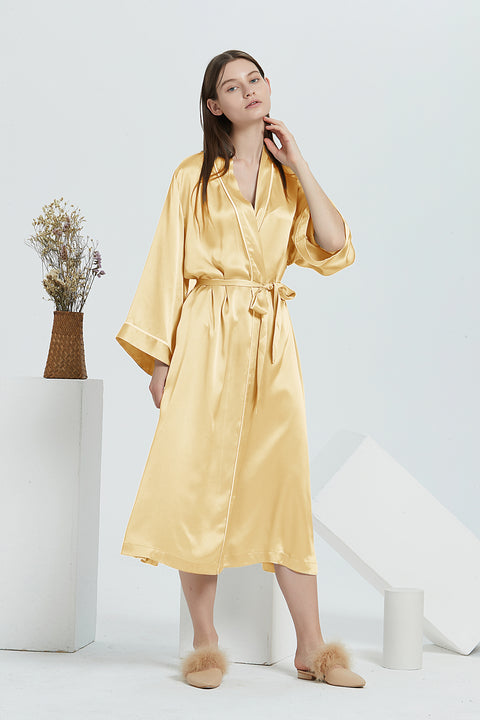 Midi Silk Bathrobe For Women kimono style Wide-Sleeve