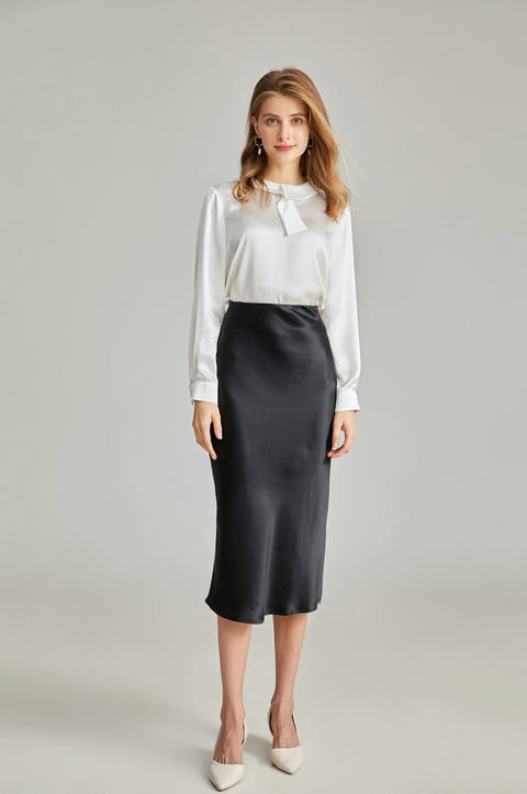 100% Pure Silk Plaid Midi Pencil Skirt