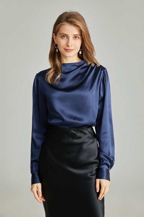 Silk Long Sleeves Pleated Pullover chic Silk Blouse