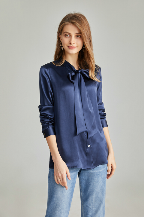 Women's Silk Blouse Bow tie Shirt button up