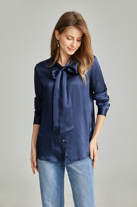 Women's Silk Blouse Bow tie Shirt button up