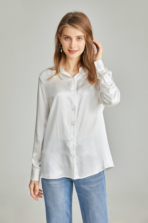 Women Silk blouse long sleeve Classic Pearl Button luxury Shirt