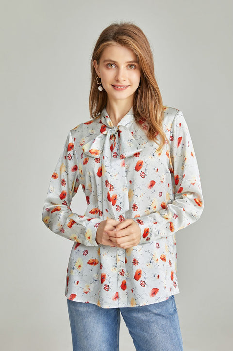 Bow Tie  Printed Silk Shirt  For  Women