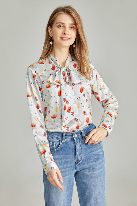 Bow Tie  Printed Silk Shirt  For  Women