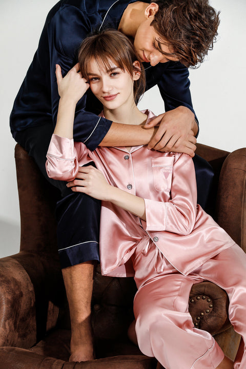 Couples Matching Silk Pajamas Luxury Long Sleeve Sleepwear Loungewear Pjs