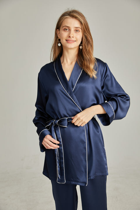 Belted Short Robe Silk Pajamas Set