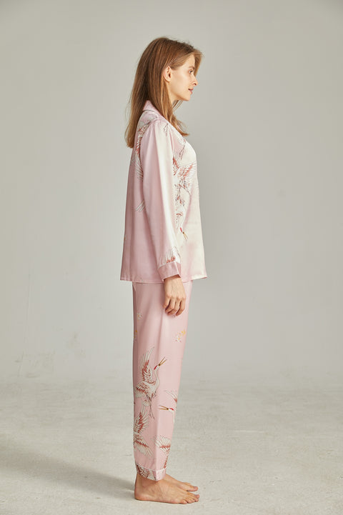 Women's Crane Printed V-neck Long Silk Pajama Set