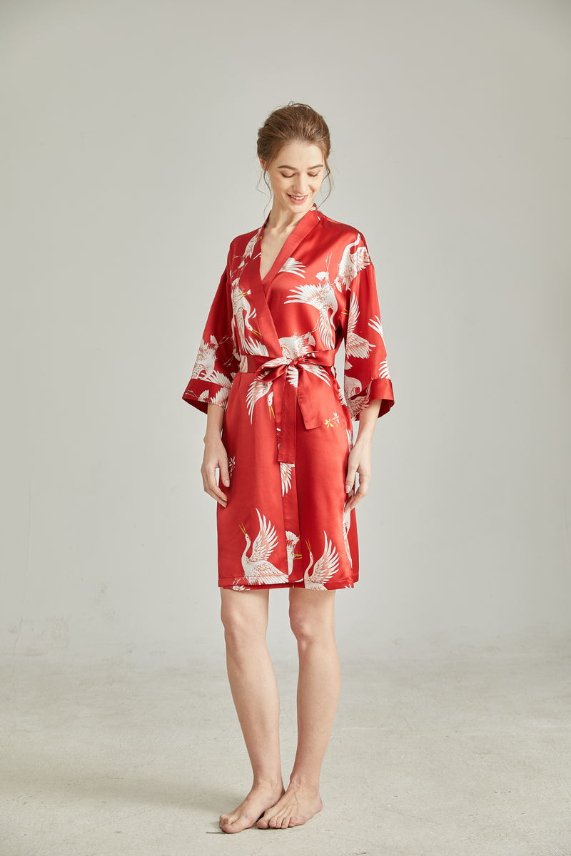 Short Silk Robe For Women with Belted Crane printed Graphics– Asilklife