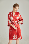 Short Silk Robe For Women with Belted Crane printed Graphics