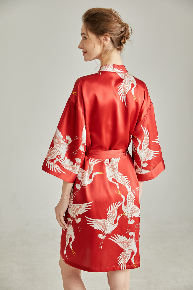 Short Silk Robe For Women with Belted Crane printed Graphics– Asilklife