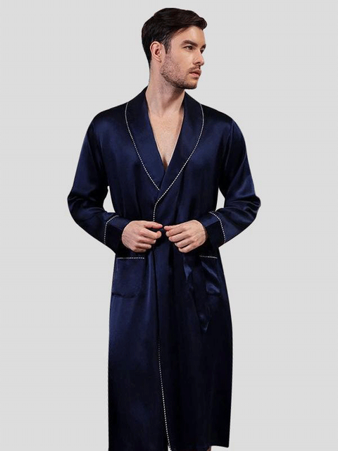 Asilklife High Quality Navy Blue Silk Robe for Men