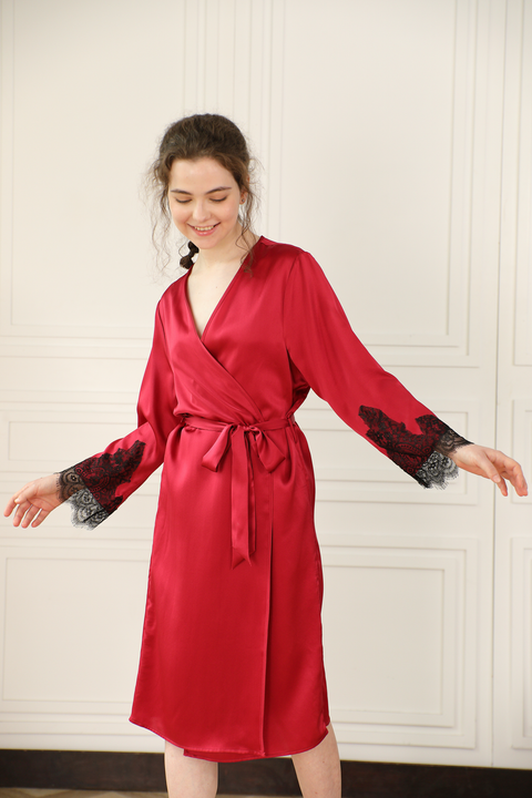 midi Silk Robe Lace cuffs for women