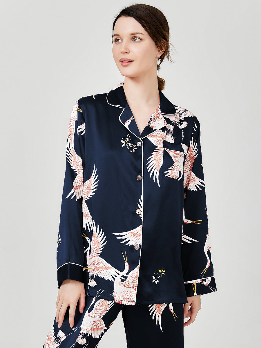 Women's Crane Printed V-neck Long Silk Pajama Set– Asilklife