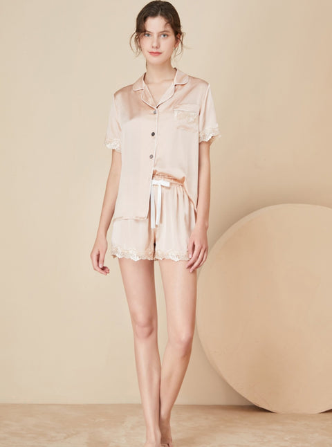 Asilklife Luxury Lace  Short Silk Pajamas Set| Two color