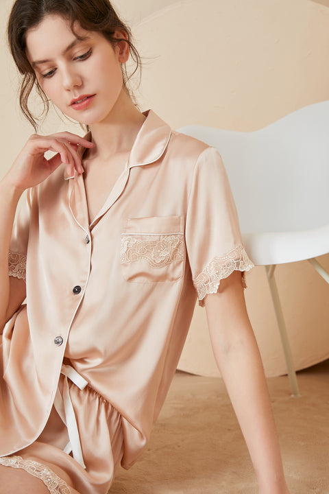 Asilklife Luxury Lace  Short Silk Pajamas Set| Two color