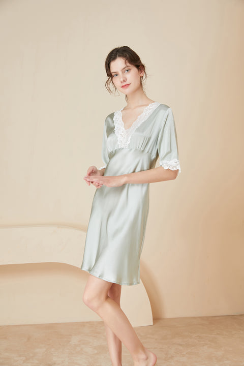 Asilklife Light Elegant Lace Middle  sleeves Silk Nightgown