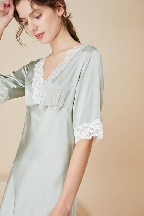 Asilklife Light Elegant Lace Middle  sleeves Silk Nightgown